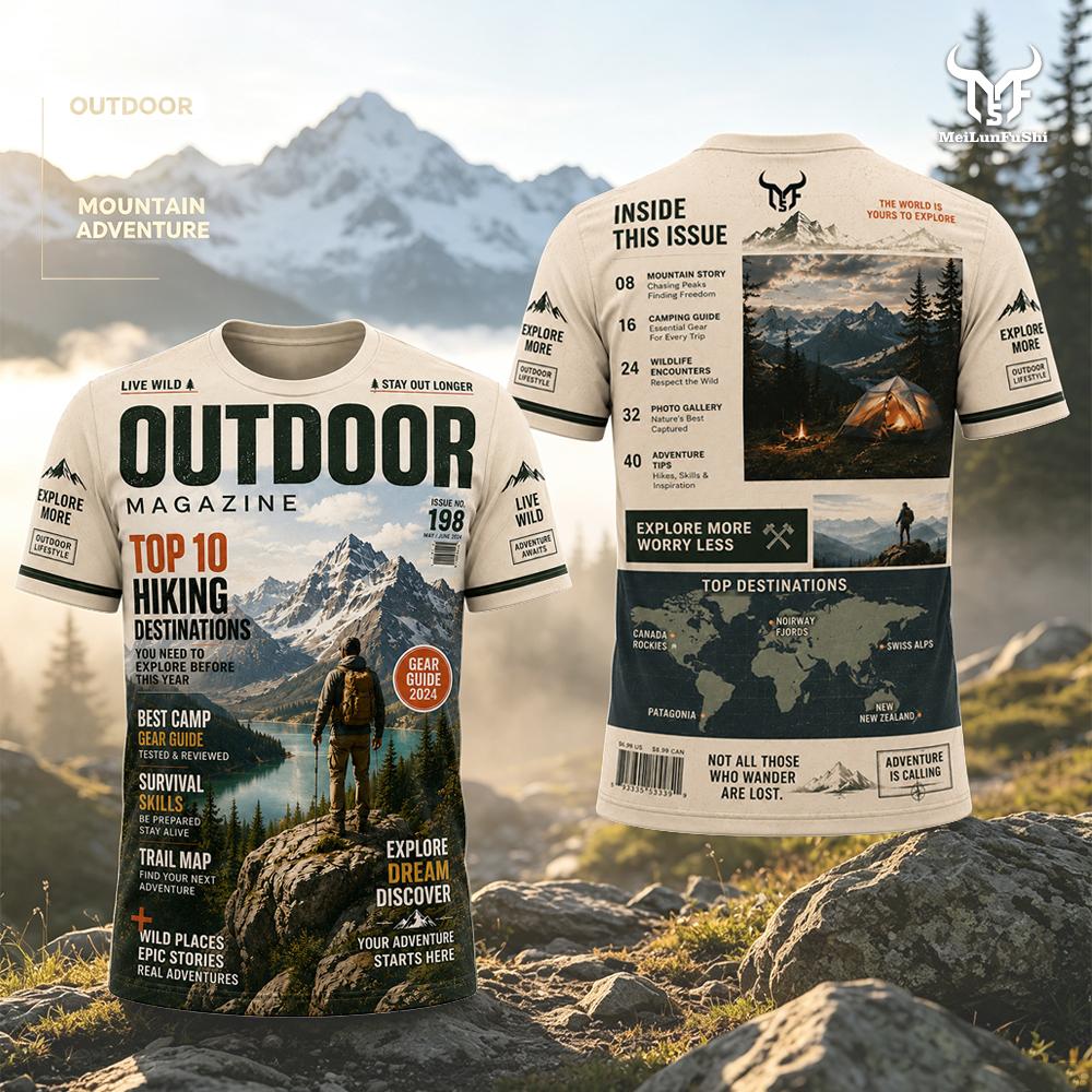 Outdoor Adventure Magazines - T-Shirt im Magazin-Stil mit Abenteuer-Print, Outdoor-Bergwanderung,