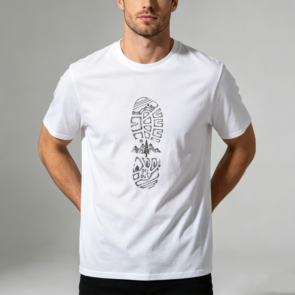 Outdoor Adventure Quotes Short - T-Shirt mit Berglandschaft und Stiefelabdruck, Wanderweg,