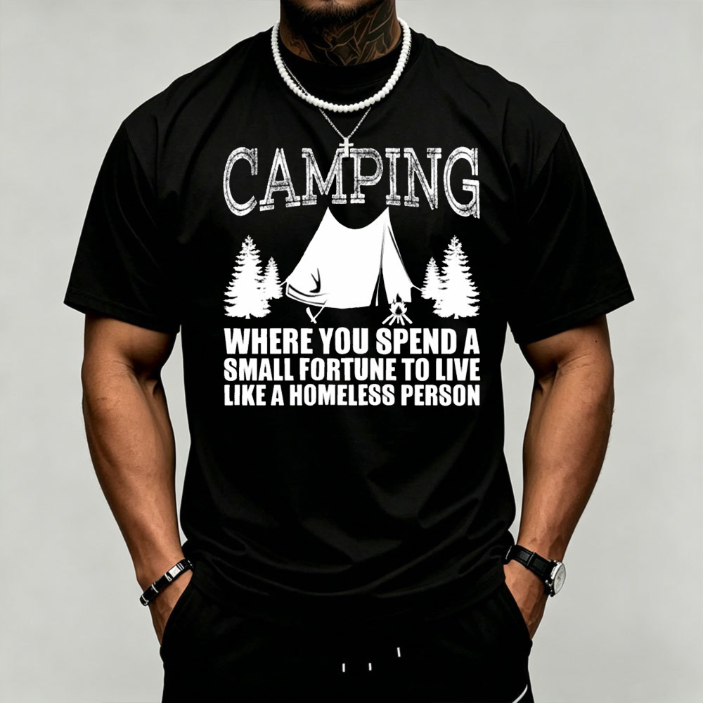 Outdoor Adventure Quotes Short - Campingzelt-Kiefern-Grafik Herren-T-Shirt mit Humor-Zitat-Print, lockeres Outdoor-Abenteuer-T-Shirt